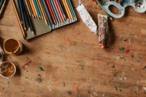 A sketchbook with colourful pencil drawings